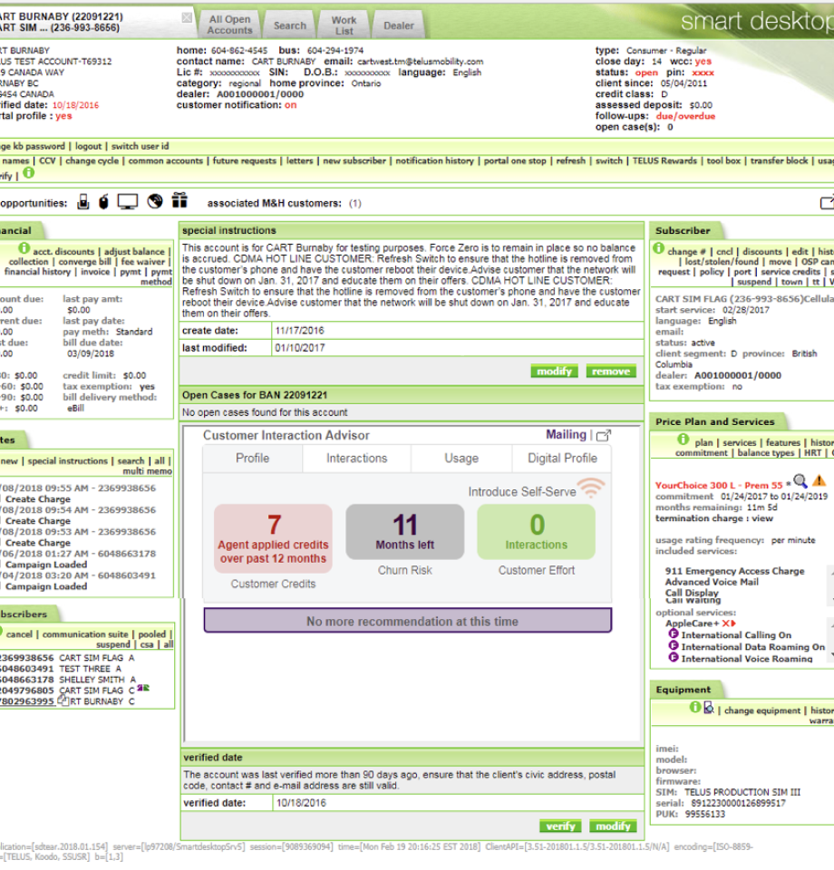 TELUS Legacy Call Center Application Screen