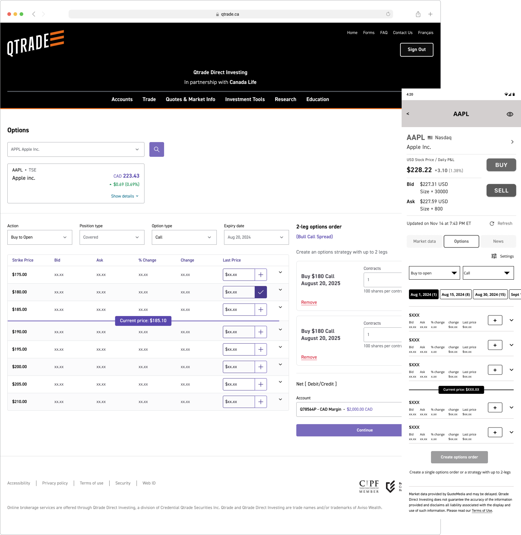 Options trading interface showing a multi-leg options trading experience